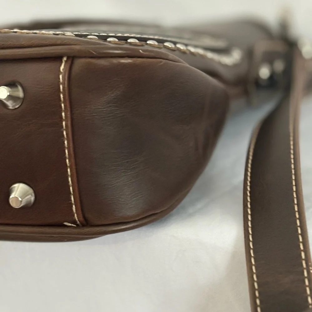 Montana West Western Style Tooled Leather And Studded Crossbody - Picture 10 of 15
